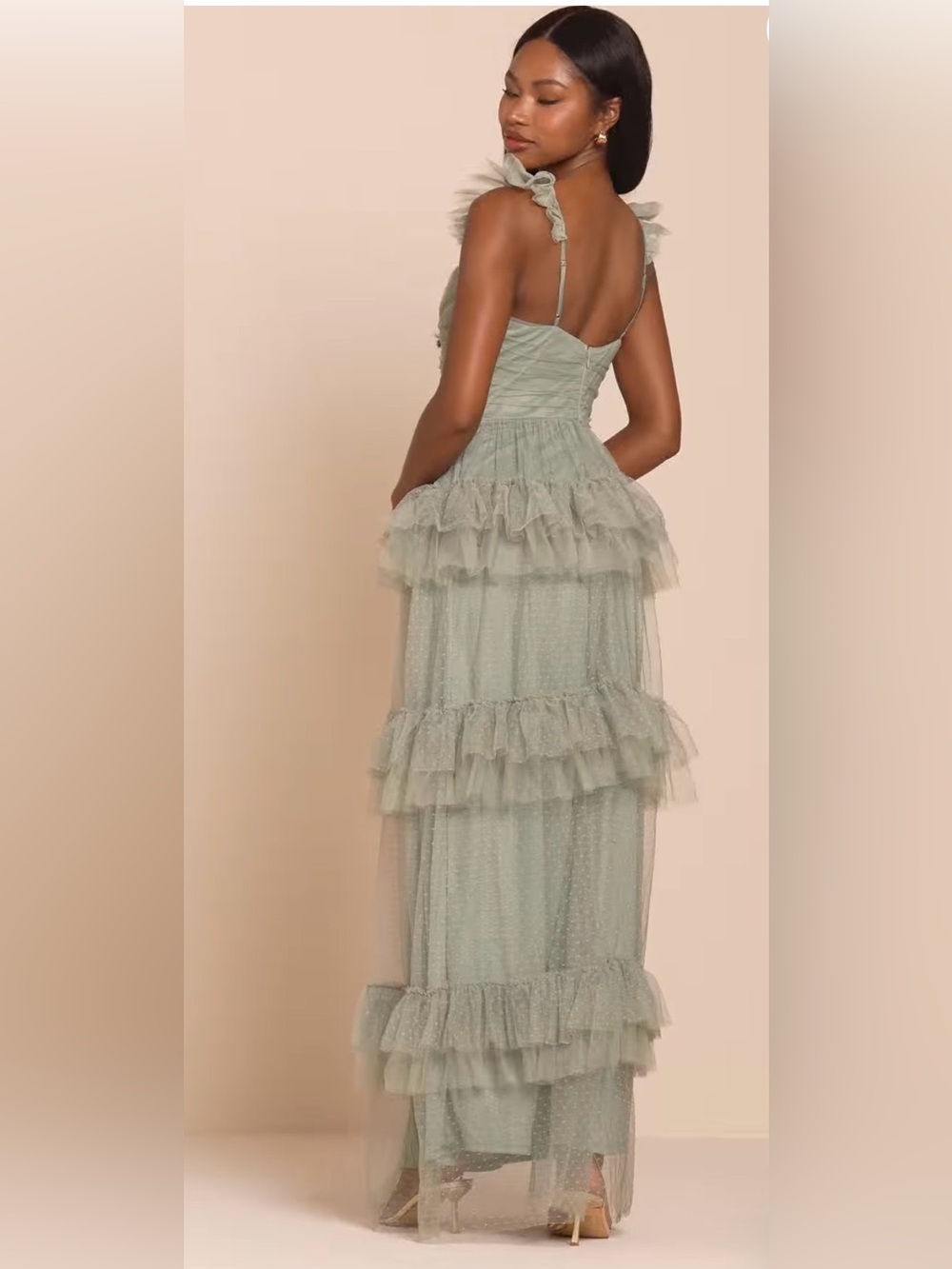 NWT Lulus Pure Radiance Sage Brush Mesh Swiss Dot Tiered Maxi Dress - Picture 2 of 10